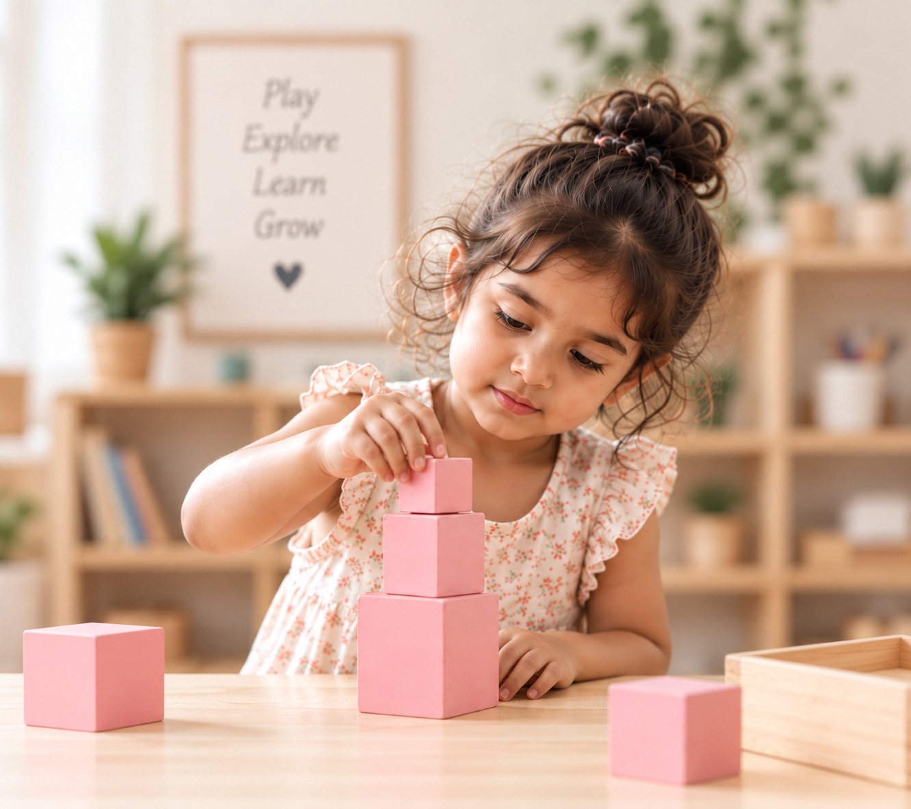 A child reaching up to stack pink Montessori tower blocks