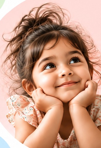 A child resting her chin on her hands, smiling